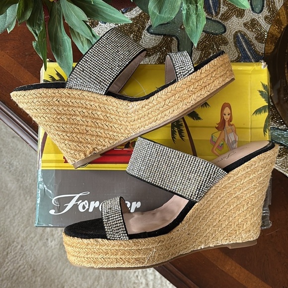 Brand New Black & Silver Crystal Rhinestone Wedge Sandals Sparkly Sexy 4.5” Heel - Picture 9 of 16